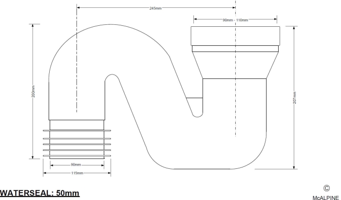 Technische Zeichnung WC Anschluss PP Weiß, Rohr Ø90 mm mit Lamellendichtung für Abwasserrohre DN 100, 50 mm Wasserspiegel